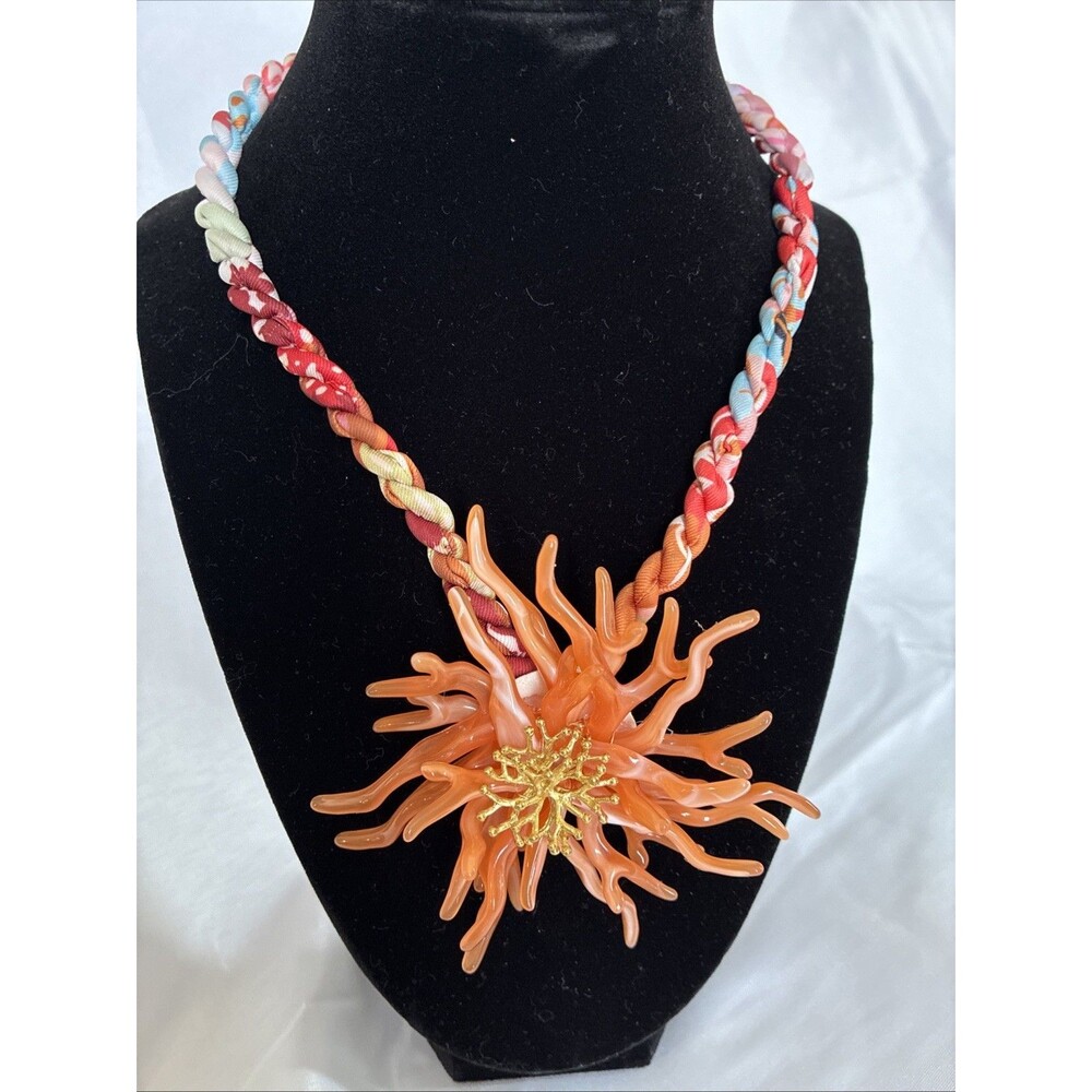 NAKAMOL (Makamol) Braided Silk Orange Coral Anemone Flower Statement Necklace